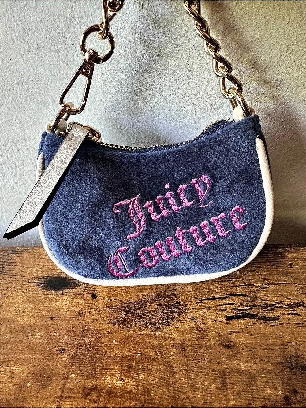 Juicy Couture Mini Purse Bag Charm Keychain Blue Velour & White Gold Chain NWOT